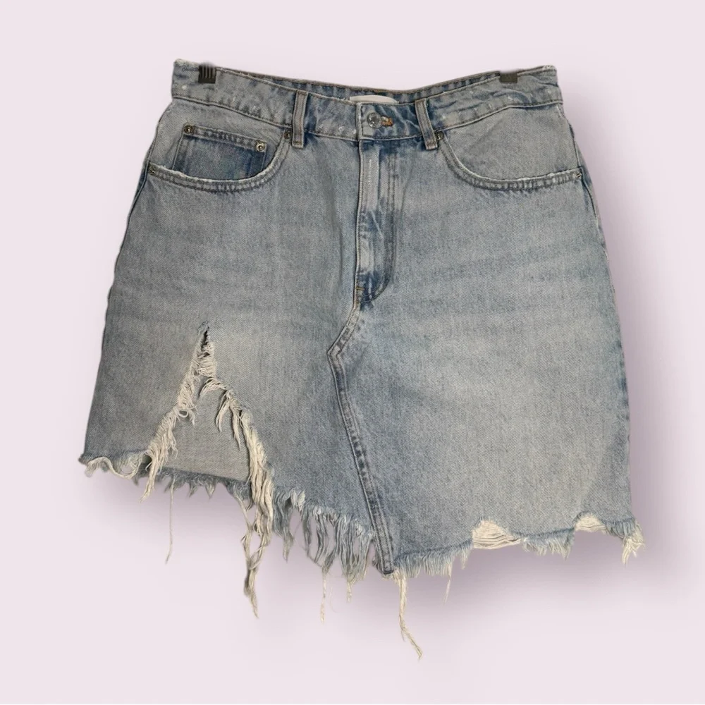 Zara Light Wash Denim Distressed Asymmetrical Mini Skirt Size Large